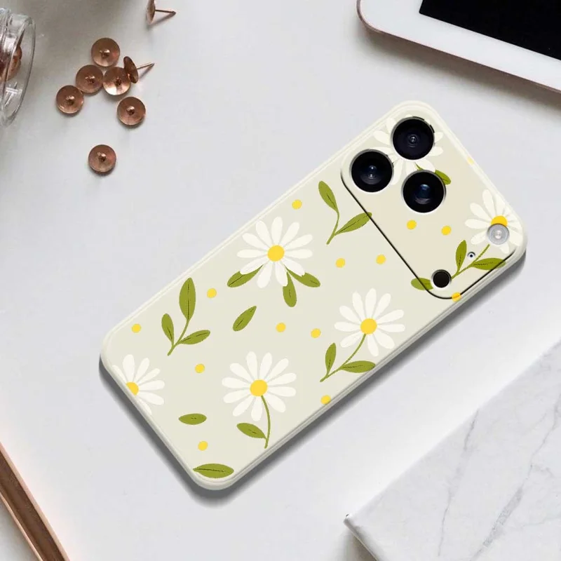 For iPhone 17 Pro Max Case White Flowers Green Leaves Pattern Printing Straight Edge TPU Phone Back Cover - Beige