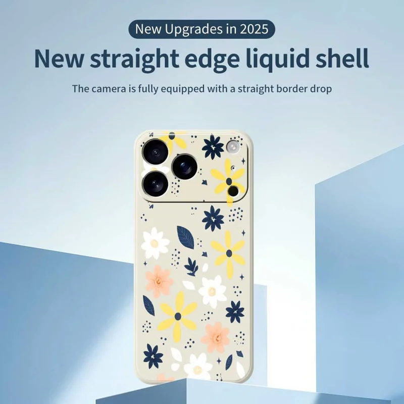 Voor iPhone 17 Pro Max hoesje met kleurrijk bloemenpatroon in blauwe bladeren, rechte rand, TPU telefoonhoesje - Beige