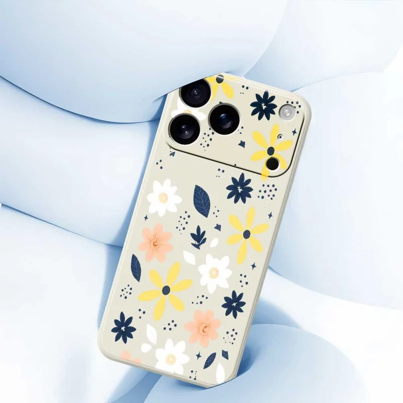 Voor iPhone 17 Pro Max hoesje met kleurrijk bloemenpatroon in blauwe bladeren, rechte rand, TPU telefoonhoesje - Beige
