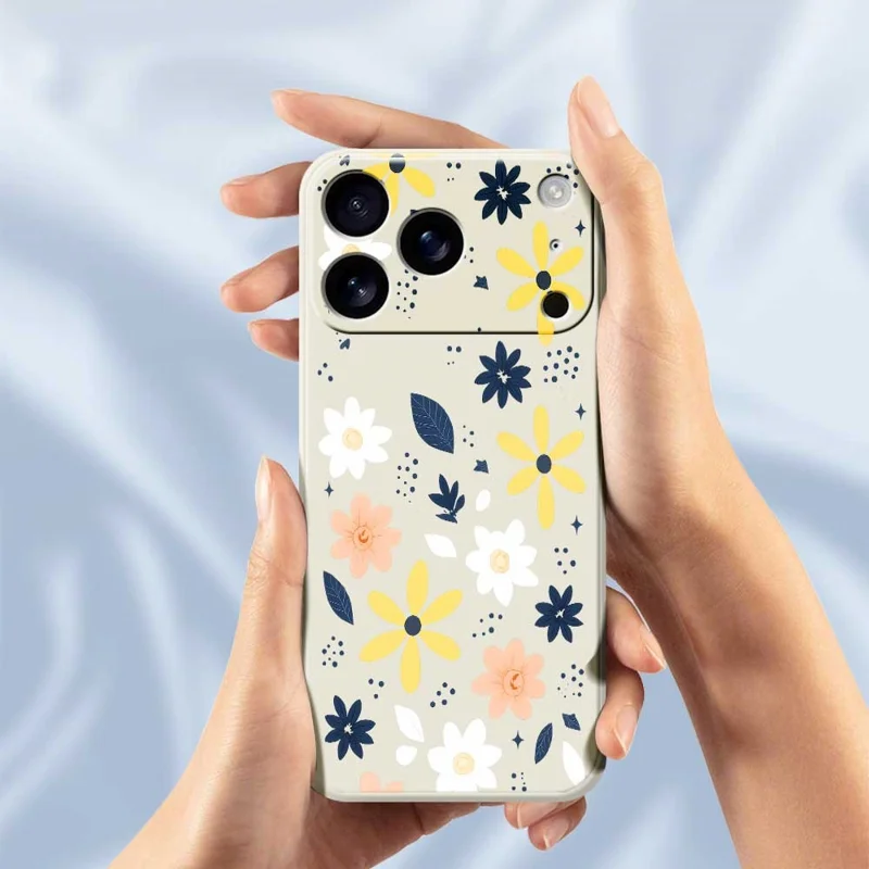 Voor iPhone 17 Pro Max hoesje met kleurrijk bloemenpatroon in blauwe bladeren, rechte rand, TPU telefoonhoesje - Beige