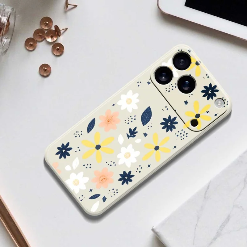 Voor iPhone 17 Pro Max hoesje met kleurrijk bloemenpatroon in blauwe bladeren, rechte rand, TPU telefoonhoesje - Beige