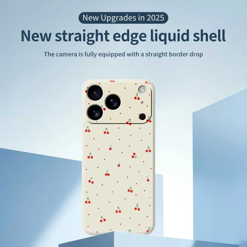For iPhone 17 Pro Max Case Red Cherry Pattern Printing Straight Edge TPU Phone Back Cover - Beige