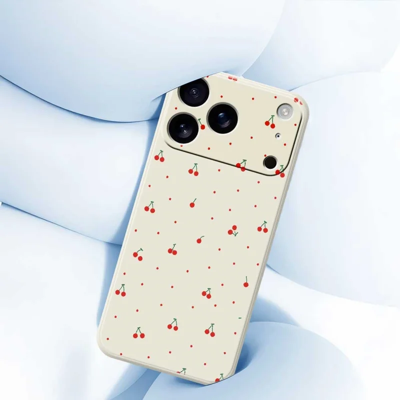For iPhone 17 Pro Max Case Red Cherry Pattern Printing Straight Edge TPU Phone Back Cover - Beige