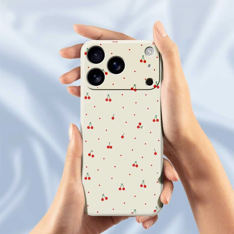 For iPhone 17 Pro Max Case Red Cherry Pattern Printing Straight Edge TPU Phone Back Cover - Beige