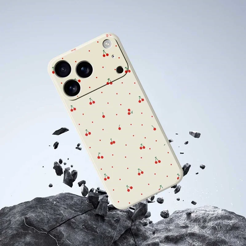 For iPhone 17 Pro Max Case Red Cherry Pattern Printing Straight Edge TPU Phone Back Cover - Beige