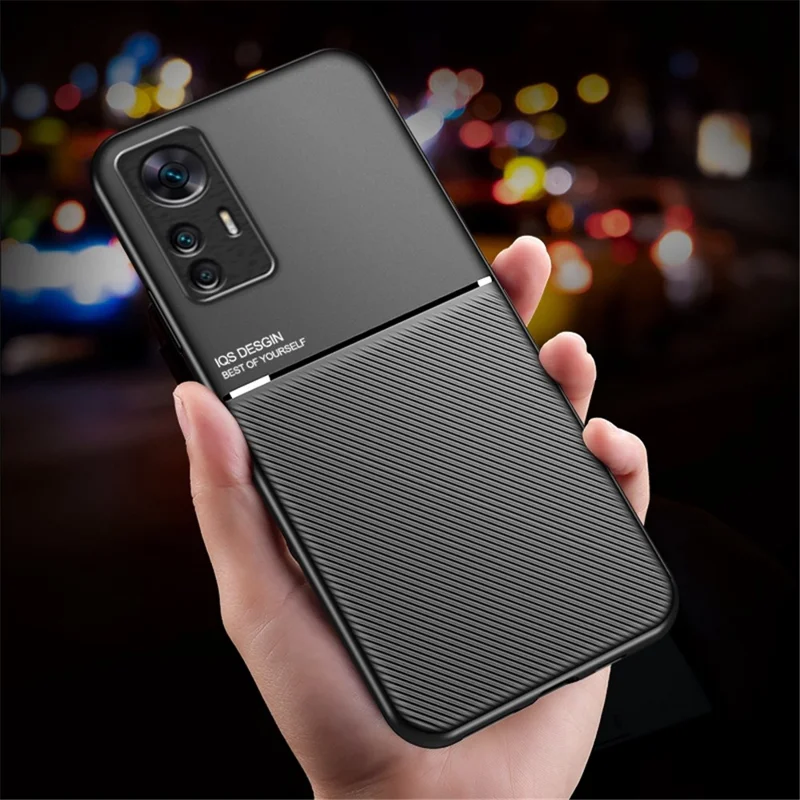 Mobile Phone Protector for Xiaomi 12T 5G / Redmi K50 Ultra 5G, Lines Imprinted PU Leather+TPU Hybrid Shell with Built-in Metal Sheet - Green