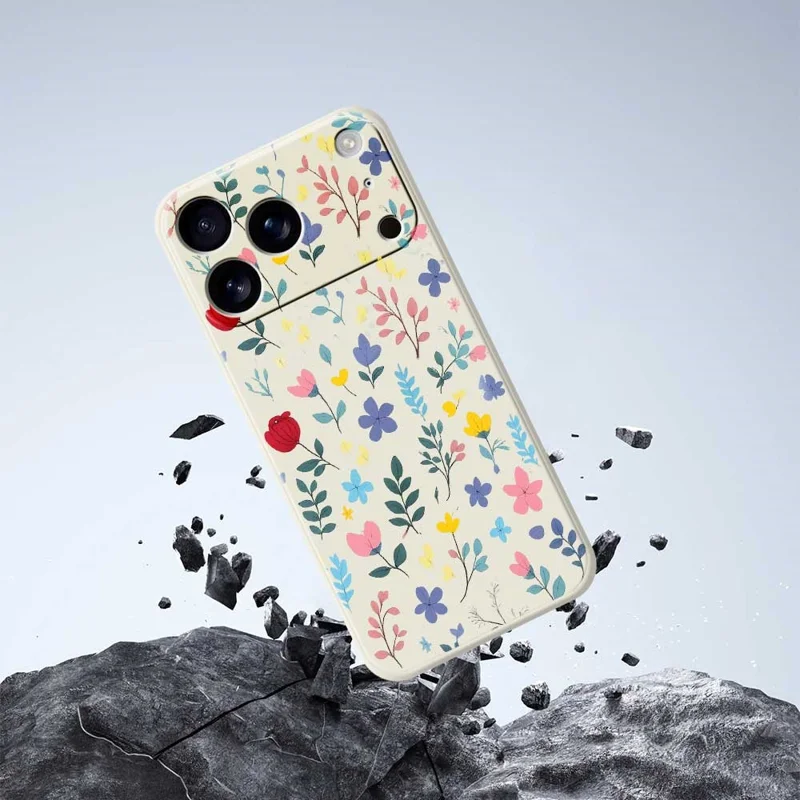 Voor iPhone 17 Pro-hoesje Kleurrijke bloemenvertakkingen Patroonafdruk Rechte rand TPU telefoon achterkant - Beige