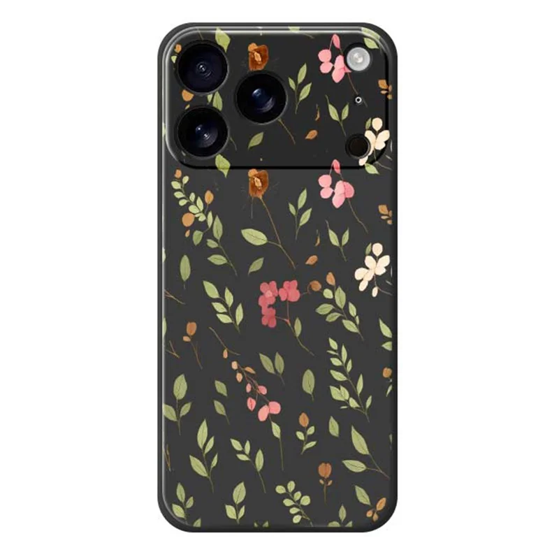 For iPhone 17 Pro Case Small Flower Leaves Pattern Printing Straight Edge TPU Phone Back Cover - Black