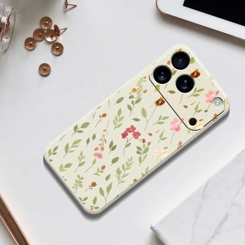 For iPhone 17 Pro Case Small Flower Leaves Pattern Printing Straight Edge TPU Phone Back Cover - Black