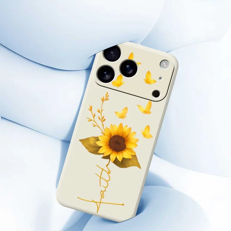 Voor iPhone 17 Pro-hoesje met gouden vlinder en zonnebloemmotief Rechte rand TPU-telefoonhoes - Beige