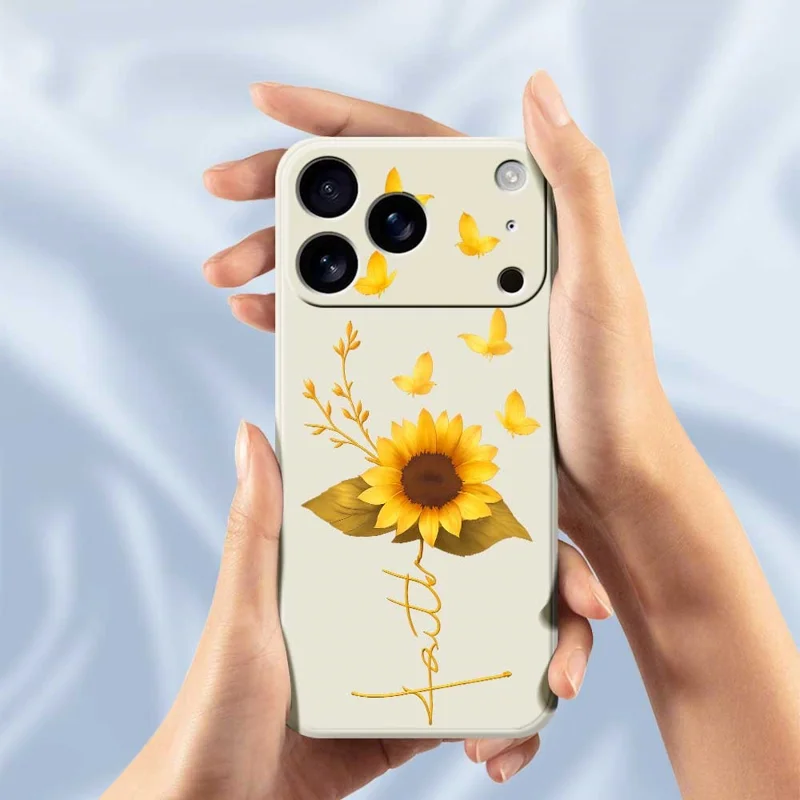 Voor iPhone 17 Pro-hoesje met gouden vlinder en zonnebloemmotief Rechte rand TPU-telefoonhoes - Beige