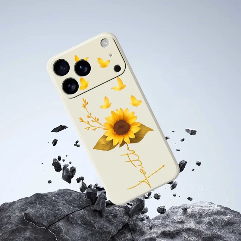 Voor iPhone 17 Pro-hoesje met gouden vlinder en zonnebloemmotief Rechte rand TPU-telefoonhoes - Beige
