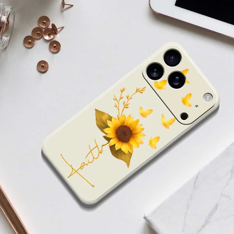 Voor iPhone 17 Pro-hoesje met gouden vlinder en zonnebloemmotief Rechte rand TPU-telefoonhoes - Beige