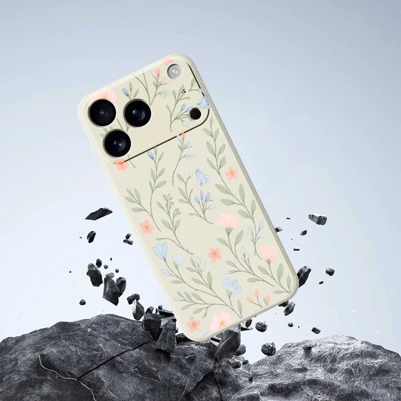 Handyhülle für iPhone 17 Pro in Beige mit Pink-Blau Blumenmuster, TPU Rückseite