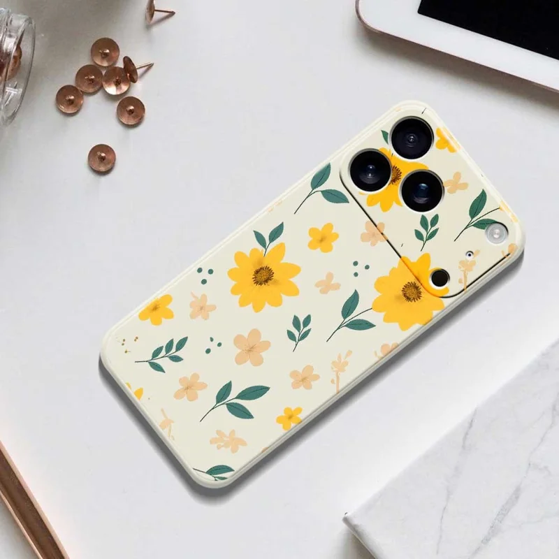 For iPhone 17 Pro Case Yellow Floral and Leaves Pattern Printing Straight Edge TPU Phone Back Cover - Beige