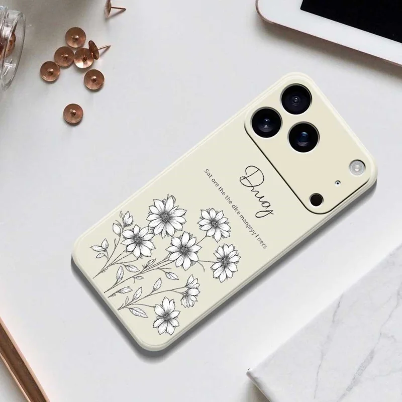 Voor iPhone 17 Pro-hoesje Schets bloemenpatroon Bedrukking Rechte rand TPU telefoon achterkant - Beige
