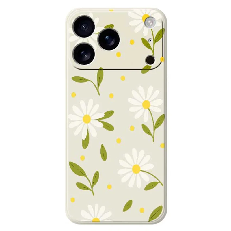 For iPhone 17 Pro Case White Flowers Green Leaves Pattern Printing Straight Edge TPU Phone Back Cover - Beige
