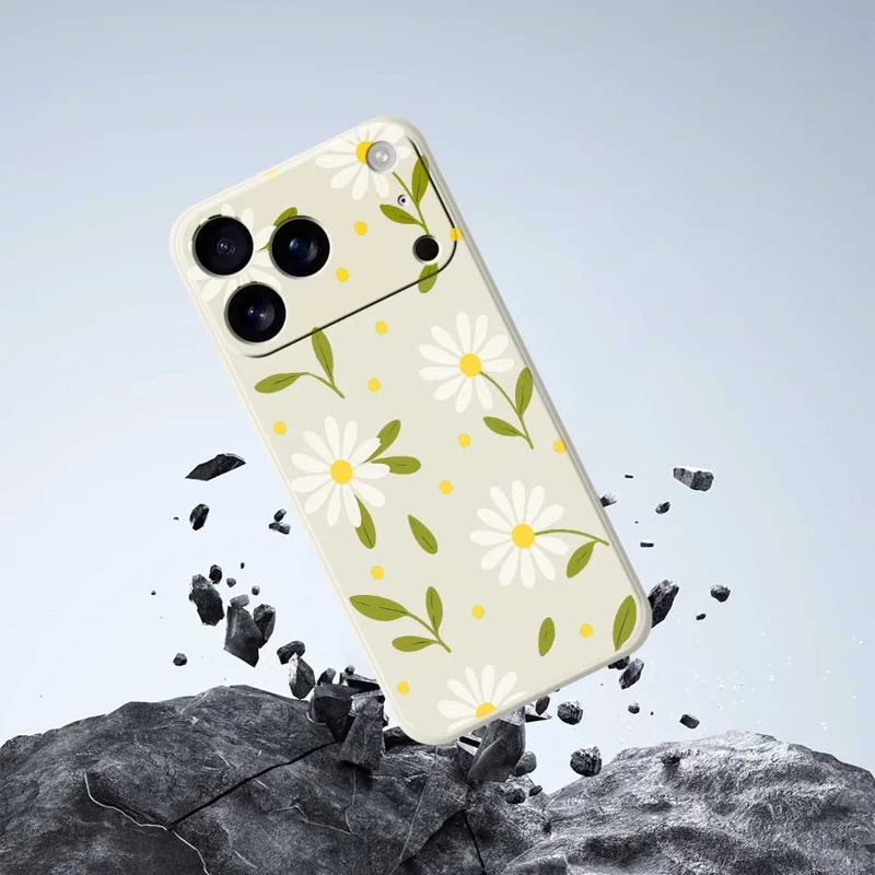 For iPhone 17 Pro Case White Flowers Green Leaves Pattern Printing Straight Edge TPU Phone Back Cover - Beige