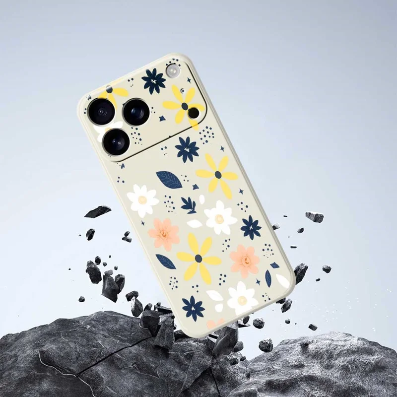 Voor iPhone 17 Pro-hoesje Kleurrijk bloemenblauw met bladerpatroon Rechte rand TPU-telefoonhoes - Beige