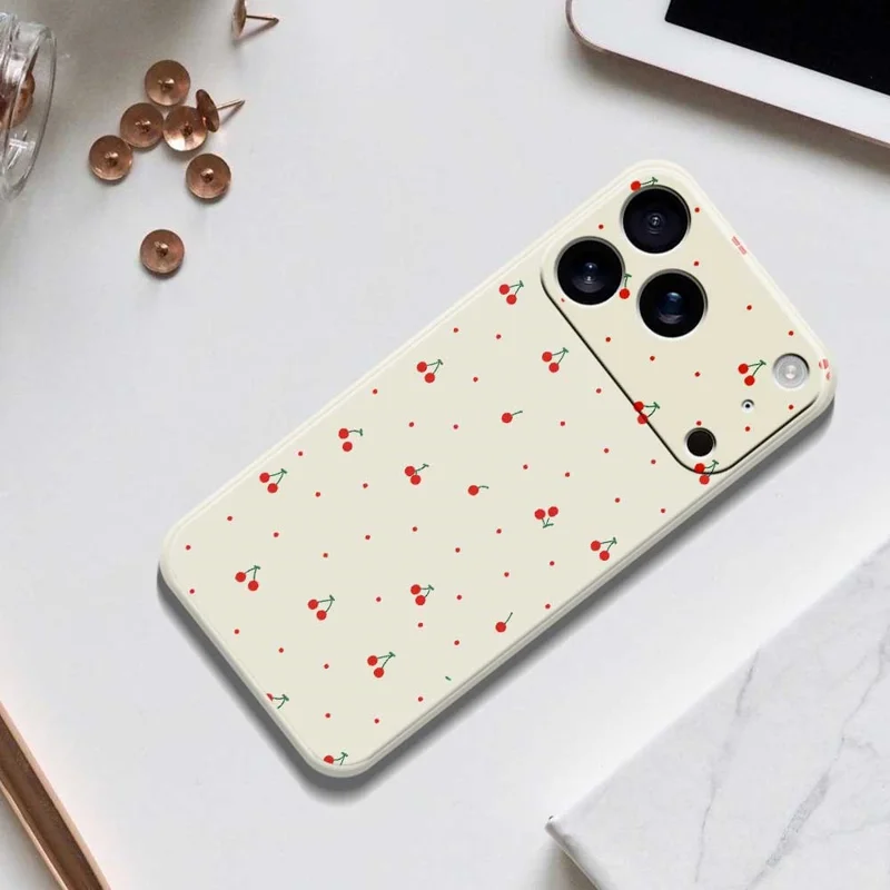 For iPhone 17 Pro Case Red Cherry Pattern Printing Straight Edge TPU Phone Back Cover - Beige