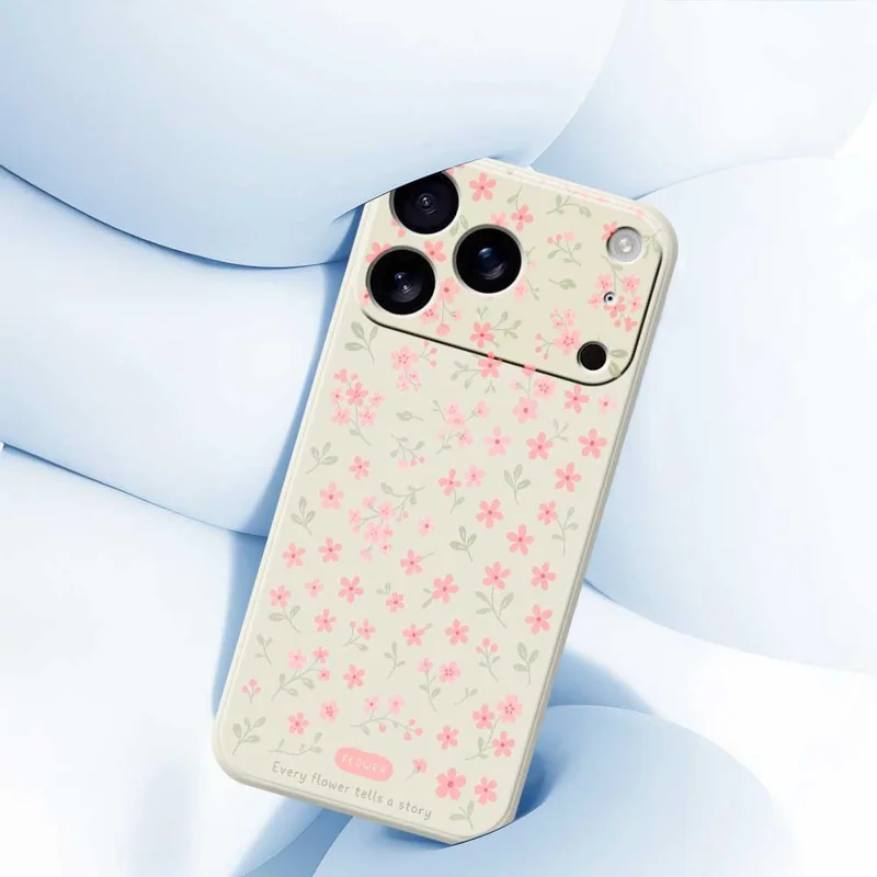 For iPhone 17 Pro Case Pink Small Flowers Pattern Printing Straight Edge TPU Phone Back Cover - Beige