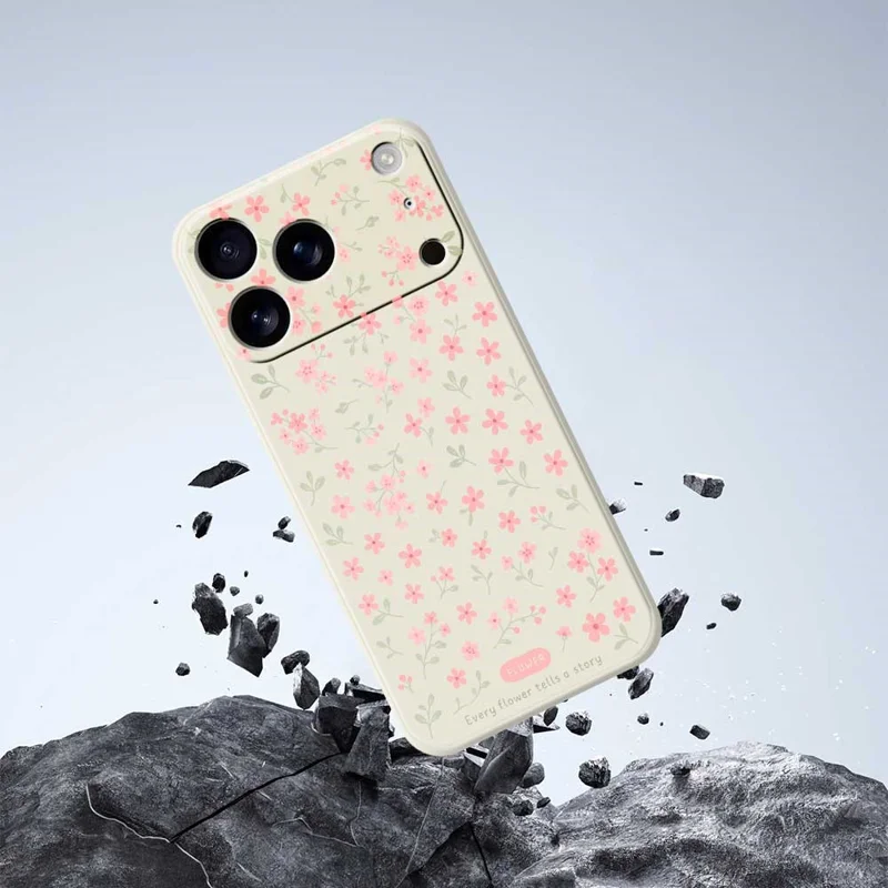 For iPhone 17 Pro Case Pink Small Flowers Pattern Printing Straight Edge TPU Phone Back Cover - Beige