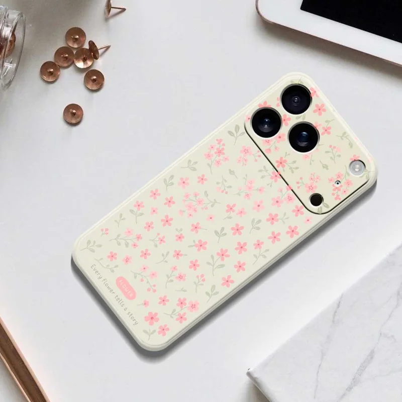For iPhone 17 Pro Case Pink Small Flowers Pattern Printing Straight Edge TPU Phone Back Cover - Beige