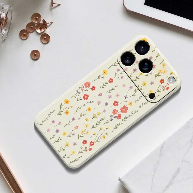 For iPhone 17 Pro Case Flowers and Grass Pattern Printing Straight Edge TPU Phone Back Cover - Beige
