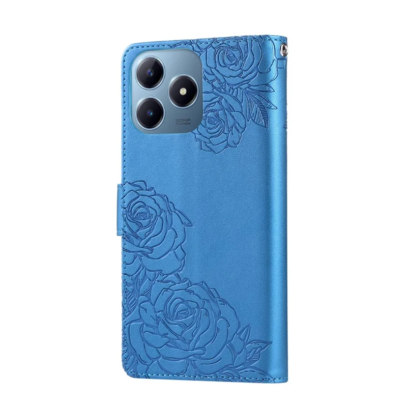 Capa de Telefone Para Realme C63 4G / C61 4G / Narzo N63 4G / C65s, Capa de Carteira de Couro PU com Flor Rosa e 3 Slots para Cartão / Alça de Pulso - Azul