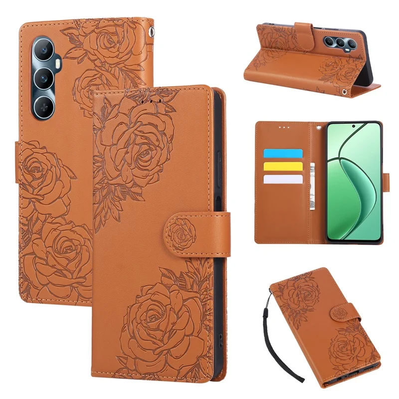 For Realme C65 4G Case Rose Flower PU Leather Wallet Phone Cover with 3 Card Slots / Wrist Strap - Brown