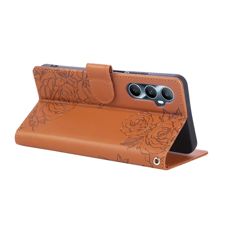 For Realme C65 4G Case Rose Flower PU Leather Wallet Phone Cover with 3 Card Slots / Wrist Strap - Brown