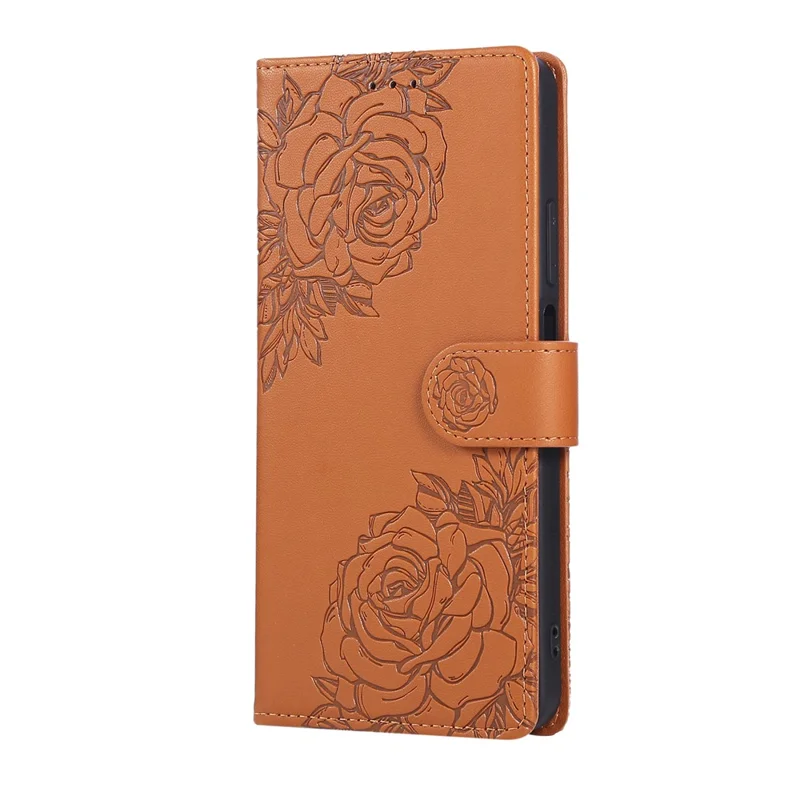 For Realme C65 4G Case Rose Flower PU Leather Wallet Phone Cover with 3 Card Slots / Wrist Strap - Brown