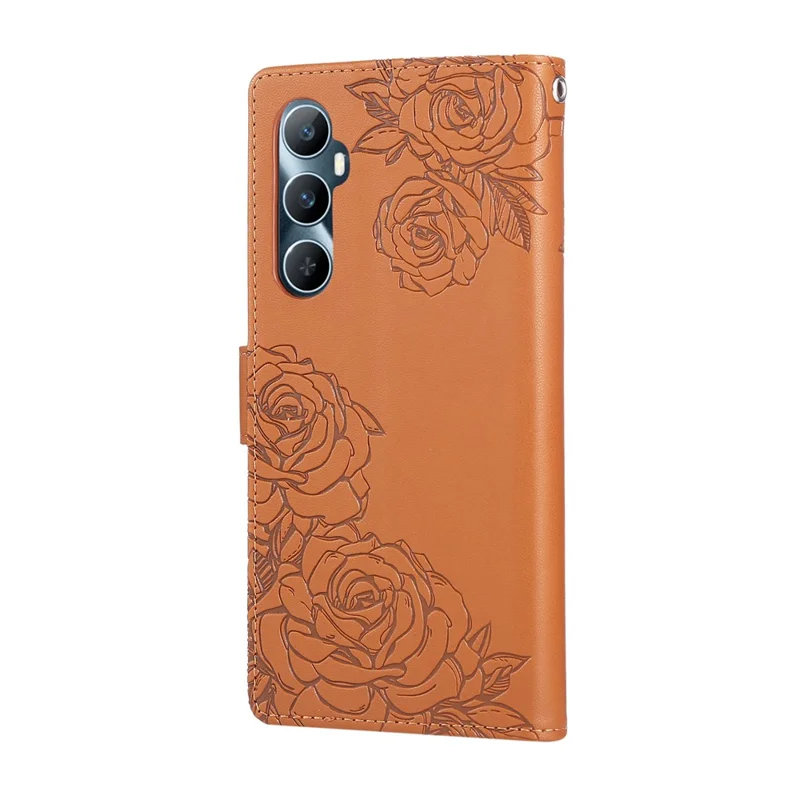 For Realme C65 4G Case Rose Flower PU Leather Wallet Phone Cover with 3 Card Slots / Wrist Strap - Brown