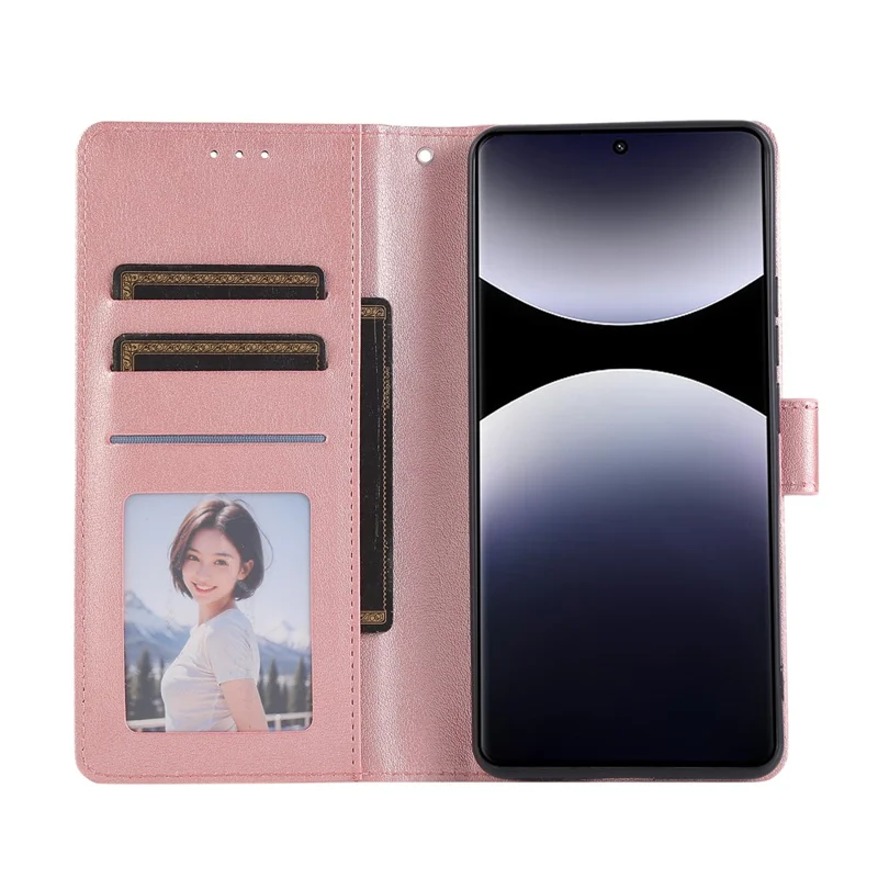 Pour Xiaomi Redmi Note 14 Pro 4G Étui Portefeuille Support Vue Cuir PU Housse de Téléphone avec Bracelet - Or Rose