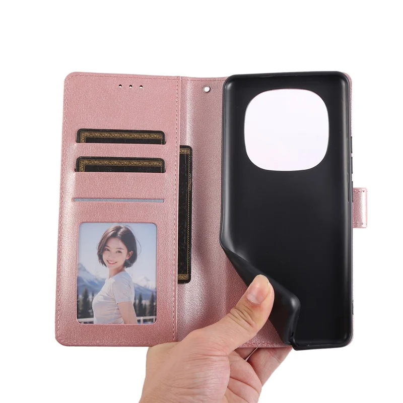 Pour Xiaomi Redmi Note 14 Pro 4G Étui Portefeuille Support Vue Cuir PU Housse de Téléphone avec Bracelet - Or Rose