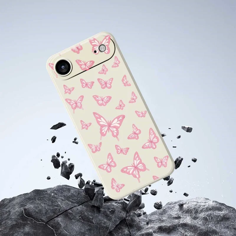 For iPhone 17 Air Case Pink Butterflies Pattern Printing Straight Edge TPU Phone Back Cover - Beige
