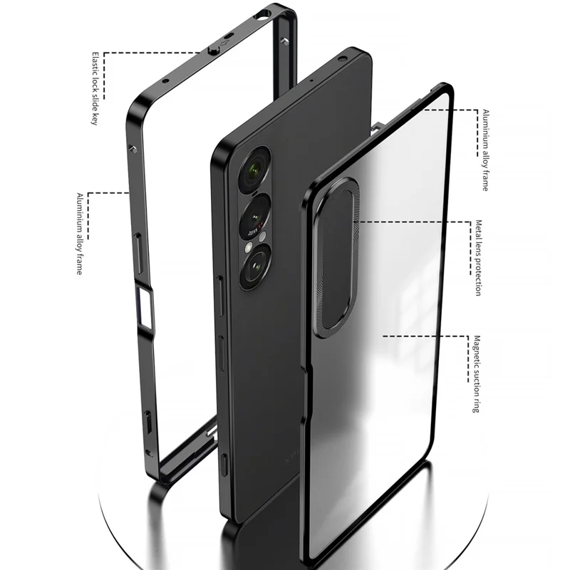 Para Sony Xperia 1 VII Capa Fosca de Liga de Alumínio + PC com Trava de Encaixe - Preto