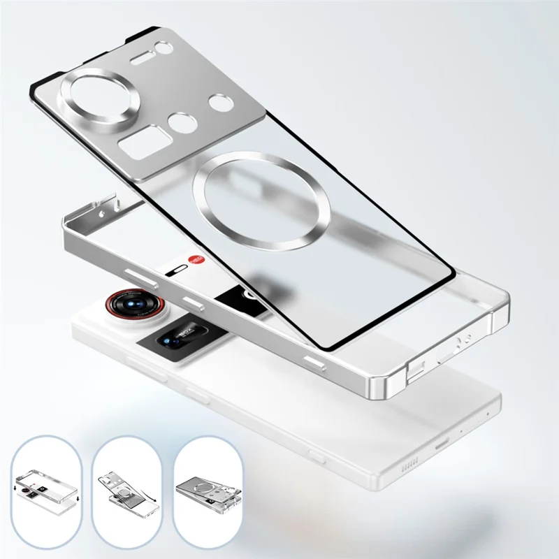 For ZTE nubia Z70 Ultra 5G Magnetic Case Hard PC Metal Frame Frosted Phone Back Cover - Silver