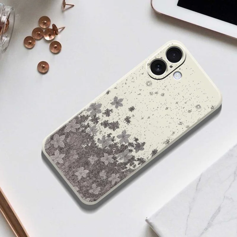 For iPhone 17 Case Grey Flowers Pattern Printing Straight Edge TPU Phone Back Cover - Beige