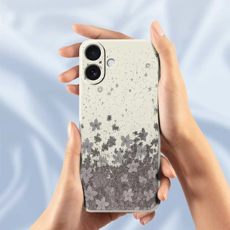 For iPhone 17 Case Grey Flowers Pattern Printing Straight Edge TPU Phone Back Cover - Beige