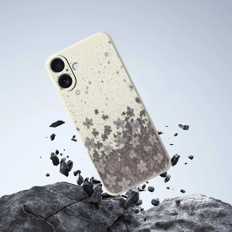 For iPhone 17 Case Grey Flowers Pattern Printing Straight Edge TPU Phone Back Cover - Beige