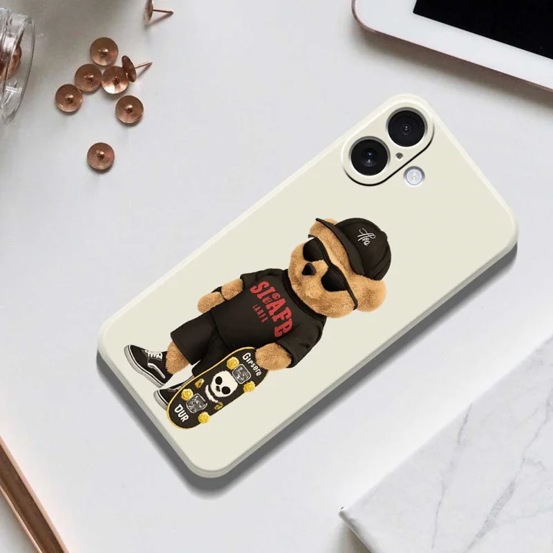 For iPhone 17 Case Cool Bear Pattern Printing Straight Edge TPU Phone Back Cover - Beige