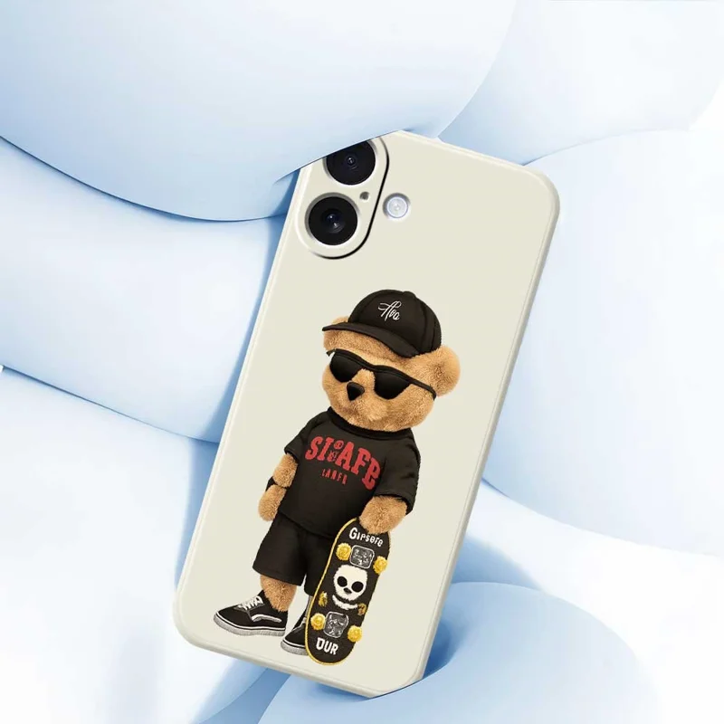 For iPhone 17 Case Cool Bear Pattern Printing Straight Edge TPU Phone Back Cover - Beige