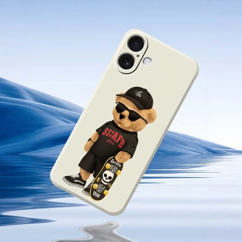 For iPhone 17 Case Cool Bear Pattern Printing Straight Edge TPU Phone Back Cover - Beige