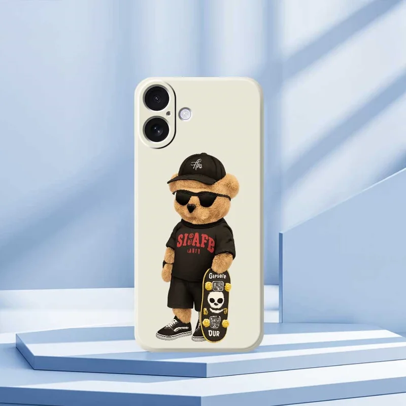 For iPhone 17 Case Cool Bear Pattern Printing Straight Edge TPU Phone Back Cover - Beige