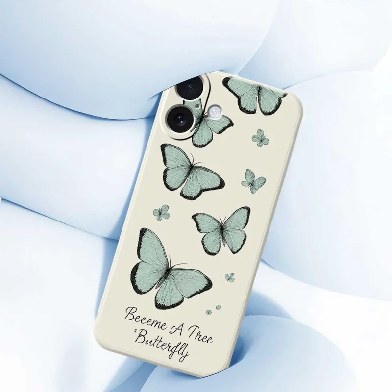 For iPhone 17 Case Green Butterfly Pattern Printing Straight Edge TPU Phone Back Cover - Beige