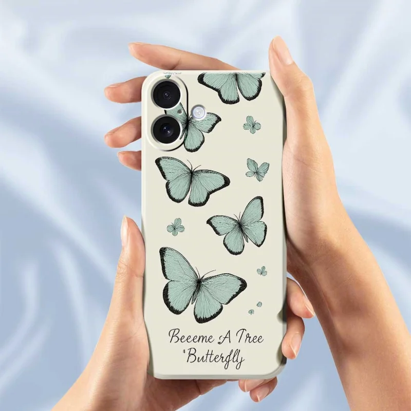 For iPhone 17 Case Green Butterfly Pattern Printing Straight Edge TPU Phone Back Cover - Beige