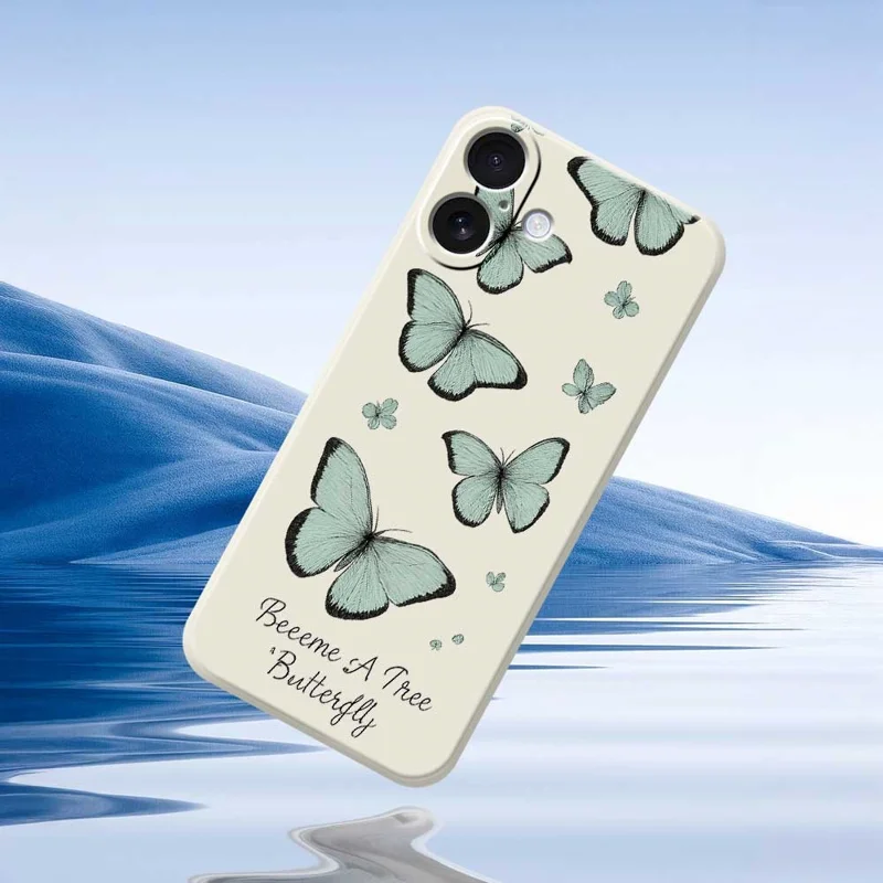 For iPhone 17 Case Green Butterfly Pattern Printing Straight Edge TPU Phone Back Cover - Beige