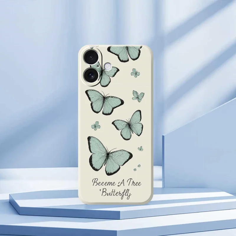 For iPhone 17 Case Green Butterfly Pattern Printing Straight Edge TPU Phone Back Cover - Beige