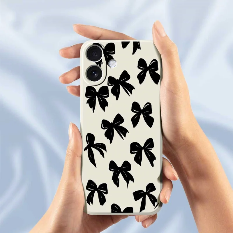 For iPhone 17 Case Black Bow Pattern Printing Straight Edge TPU Phone Back Cover - Beige